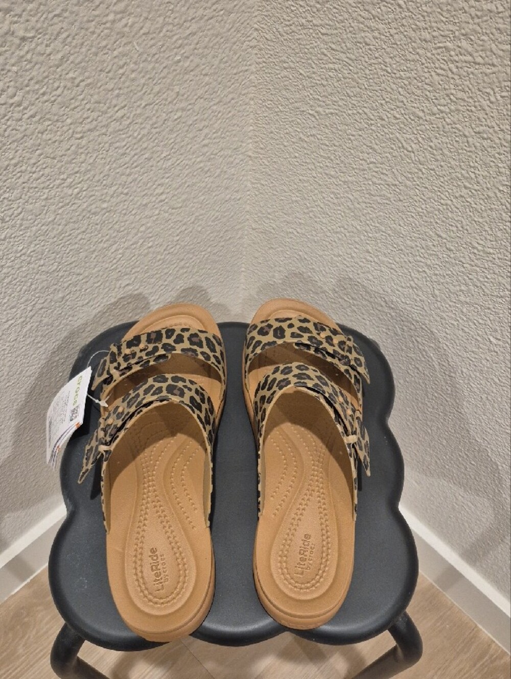 CROCS Leopard Print Dual-Strap Sandals in Tan and Black - Picture 6 of 8